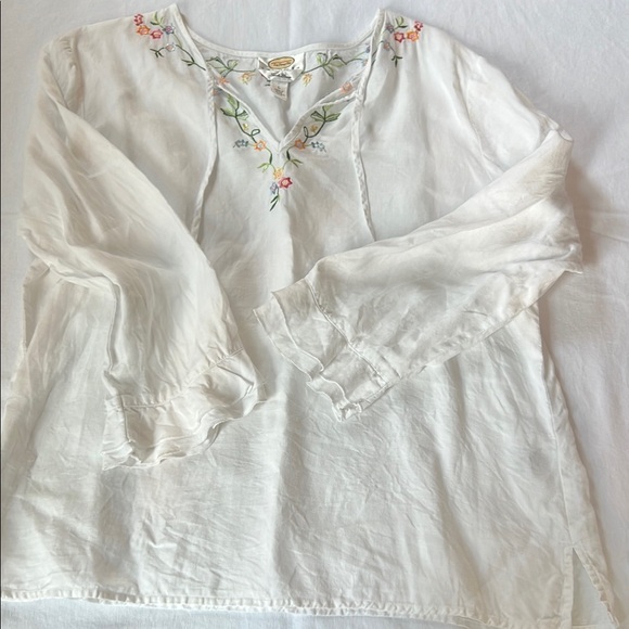 Talbots Tops - Talbots Petites 100% Linen White Embellished Blouse with Long Sleeves